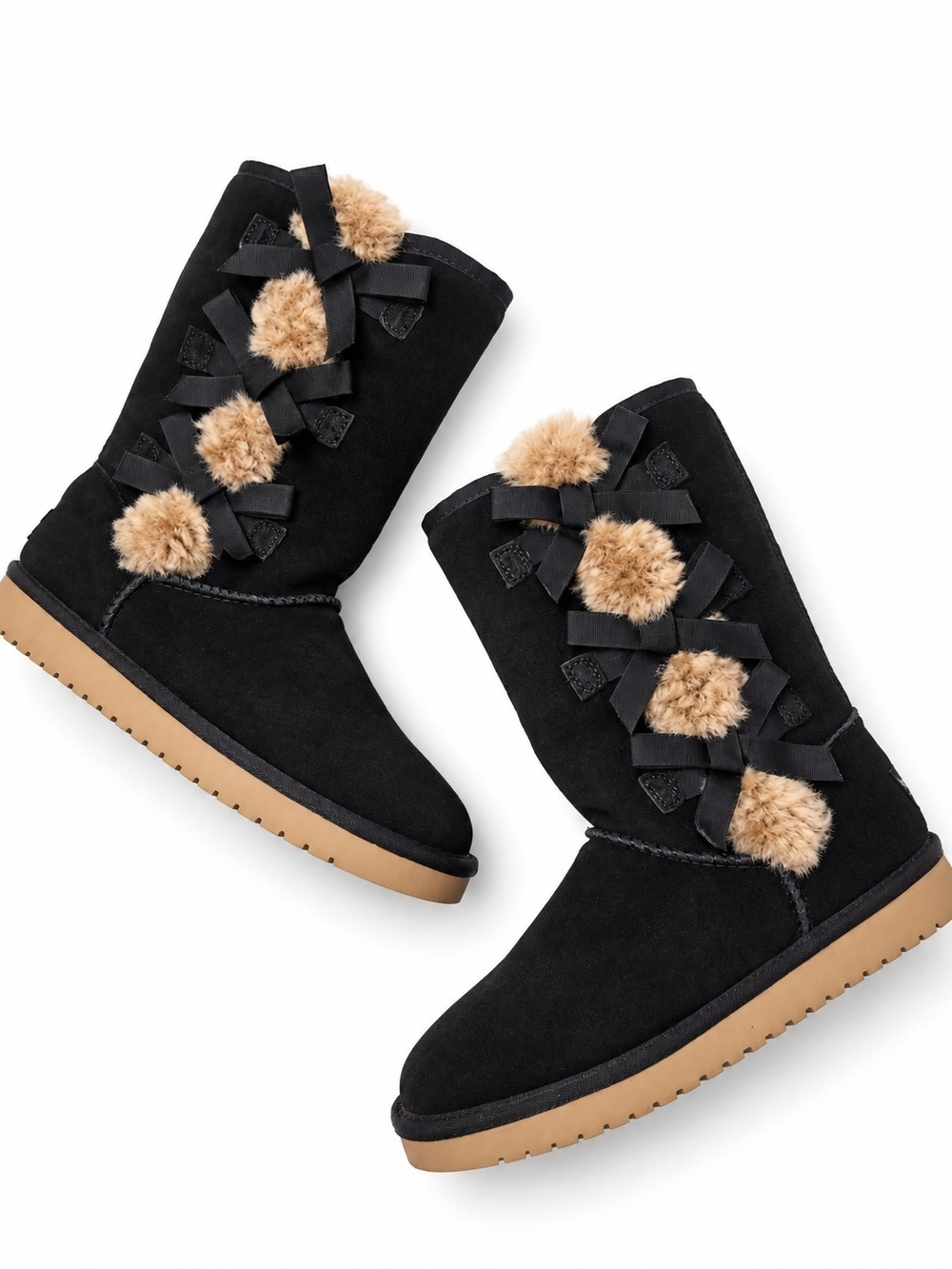 Koolaburra Size US 6 / EU 36 Black Suede Tall Pom Boot with Tan Fur Accents